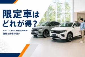 ショールームに並ぶ白とグレーのコンパクトSUVを写した、T-Crossの特別仕様車を解説する記事のアイキャッチ