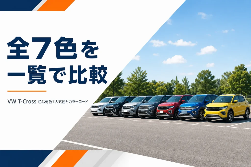 7色のコンパクトSUVが一列に並んだ、T-Crossの全ボディカラー一覧を解説する記事のアイキャッチ
