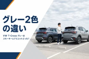 濃いグレーと明るいグレーのコンパクトSUVが並んだ、T-Crossのグレー2色の違いを解説する記事のアイキャッチ