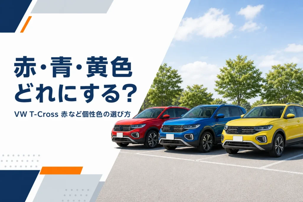 赤・青・黄色のコンパクトSUVが並んだ、T-Crossの個性色の選び方を解説する記事のアイキャッチ