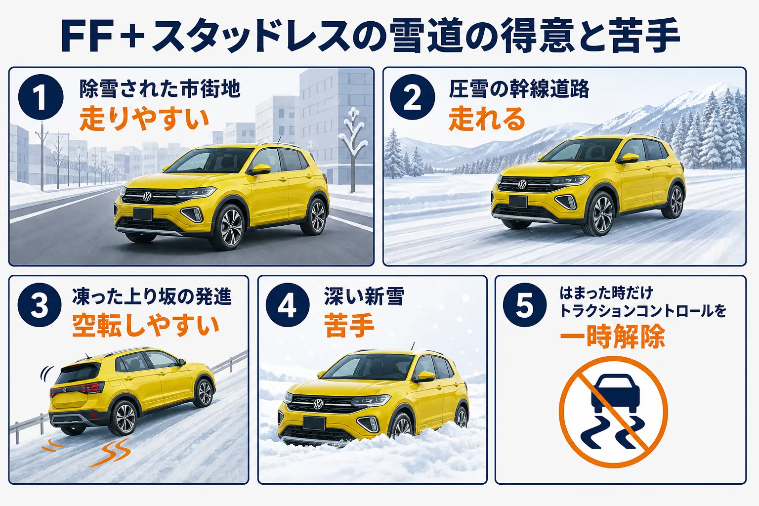 FFのT-Crossの雪道での得意と苦手を示した図解