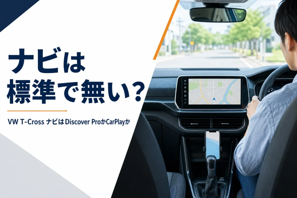 ダッシュボードの画面に地図が映るコンパクトSUVの車内、T-Crossのナビの選び方を解説する記事のアイキャッチ