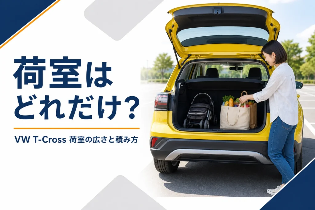リアゲートを開けたコンパクトSUVの荷室にベビーカーが積まれた、T-Crossの荷室を解説する記事のアイキャッチ