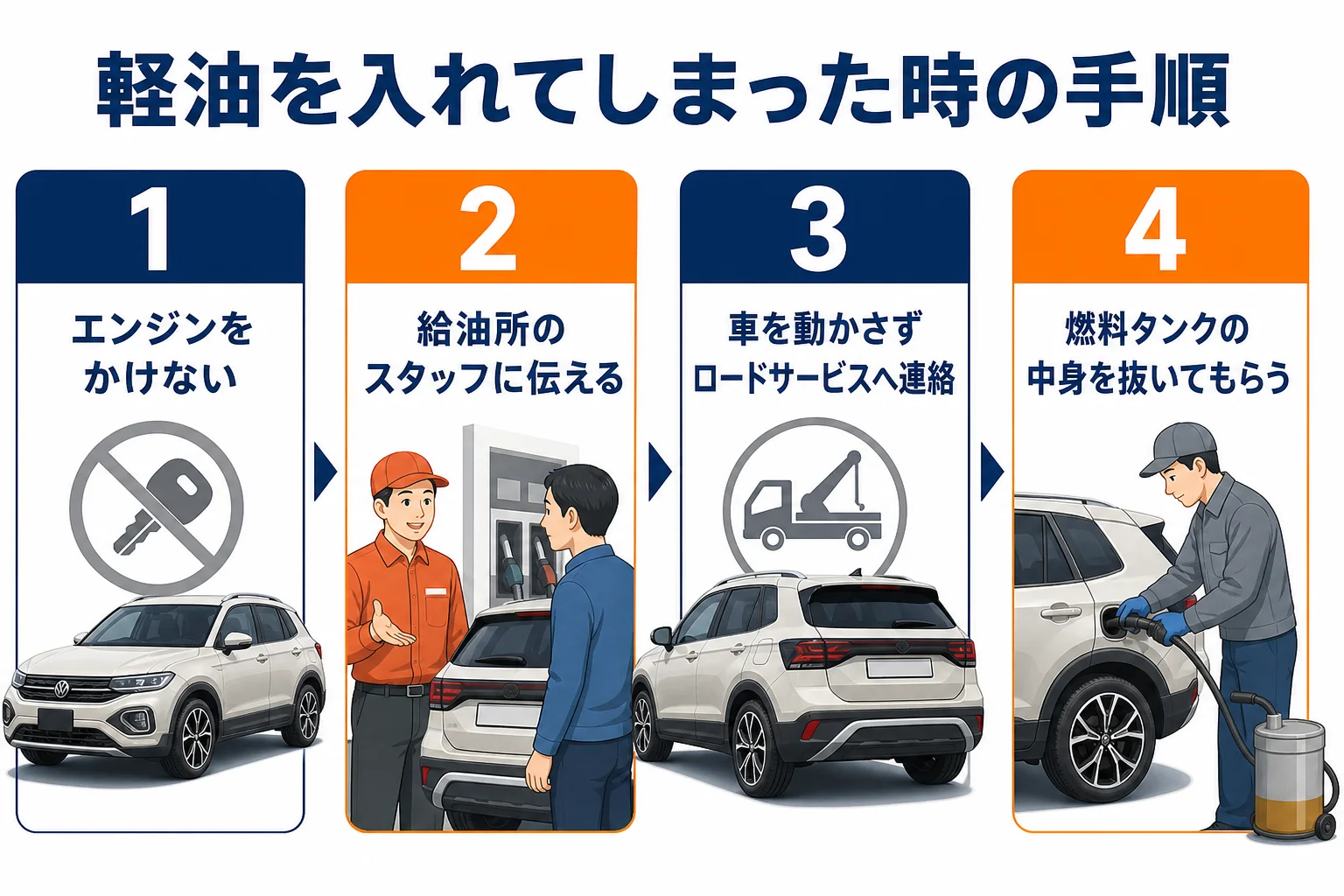 軽油を入れてしまった時の対処の流れの図解