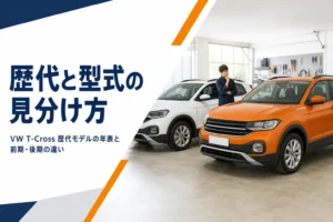 ガレージに並ぶ2台のコンパクトSUVを写した、T-Crossの歴代モデルを解説する記事のアイキャッチ