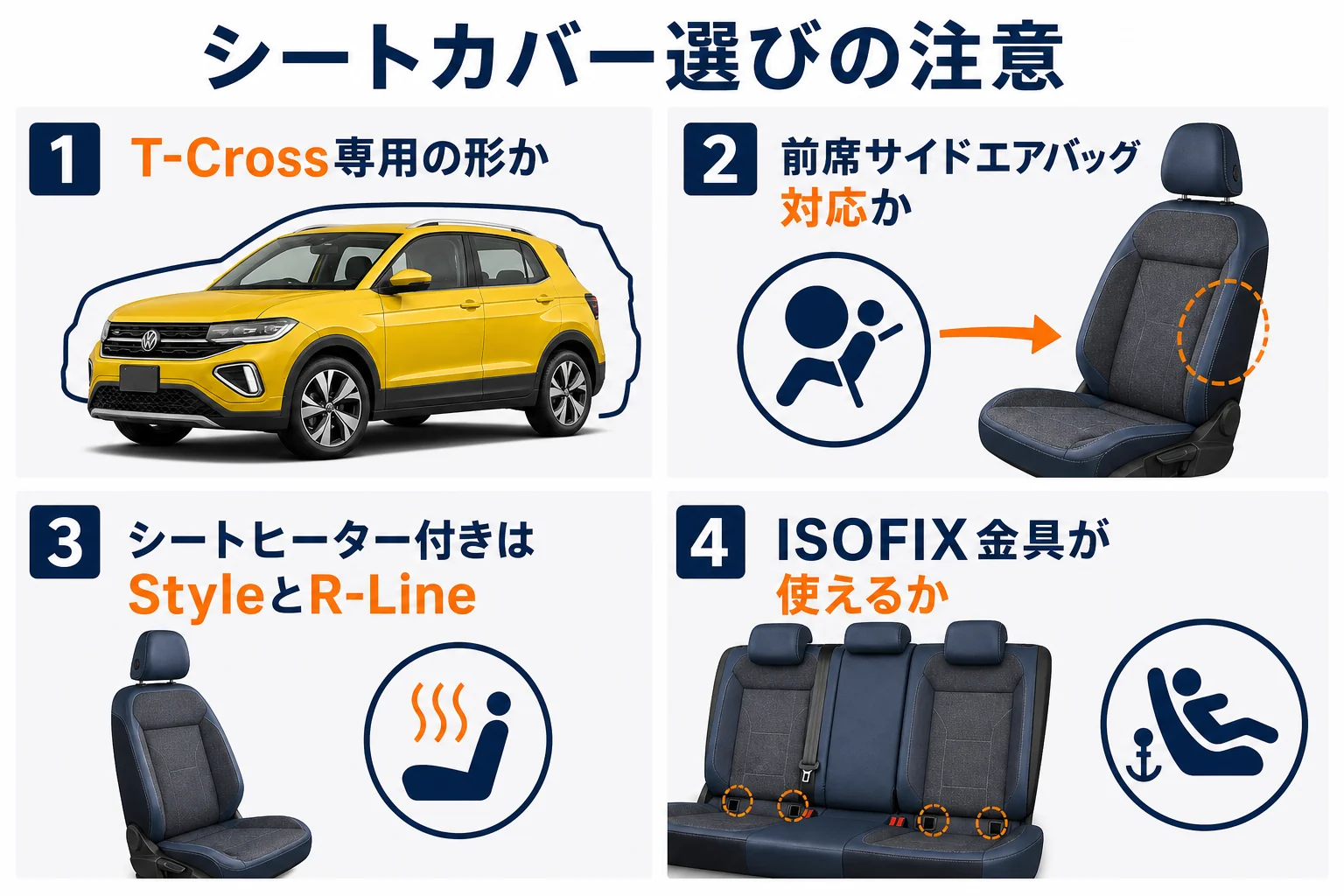 T-Crossのシートカバーを選ぶ時に確かめる点を示した図解