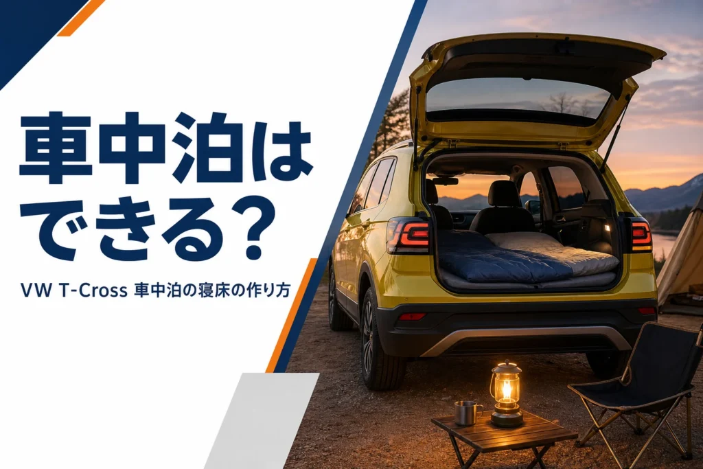 夕暮れのキャンプ場で荷室にマットを敷いたコンパクトSUVを写した、T-Crossの車中泊を解説する記事のアイキャッチ