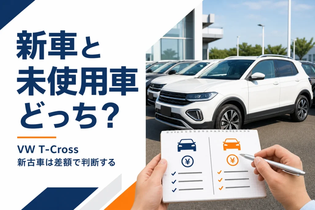新車と未使用車の比較を考えるVW T-Crossのイメージ
