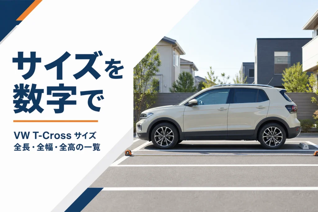 駐車場に止まったコンパクトSUVの横にメジャーが置かれた、T-Crossのサイズを解説する記事のアイキャッチ