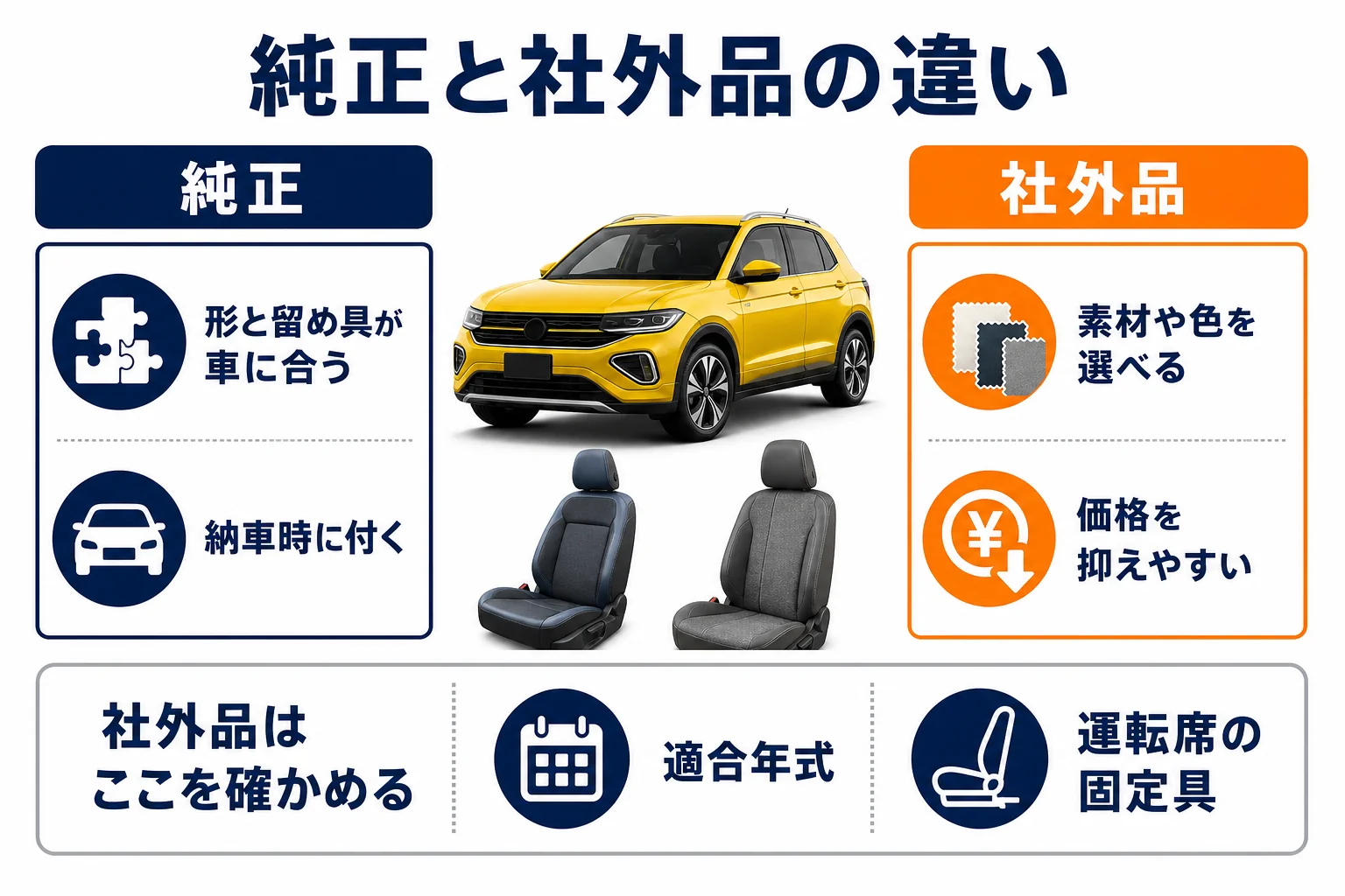 T-Crossのフロアマットの純正と社外品の違いを示した図解