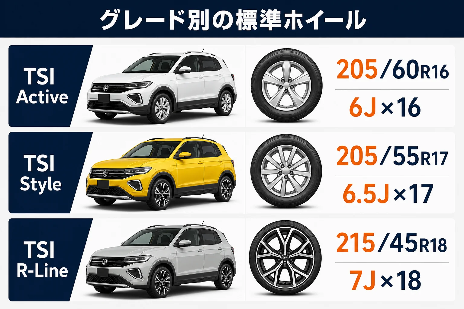 T-Crossのグレード別の標準ホイールサイズを並べた図解