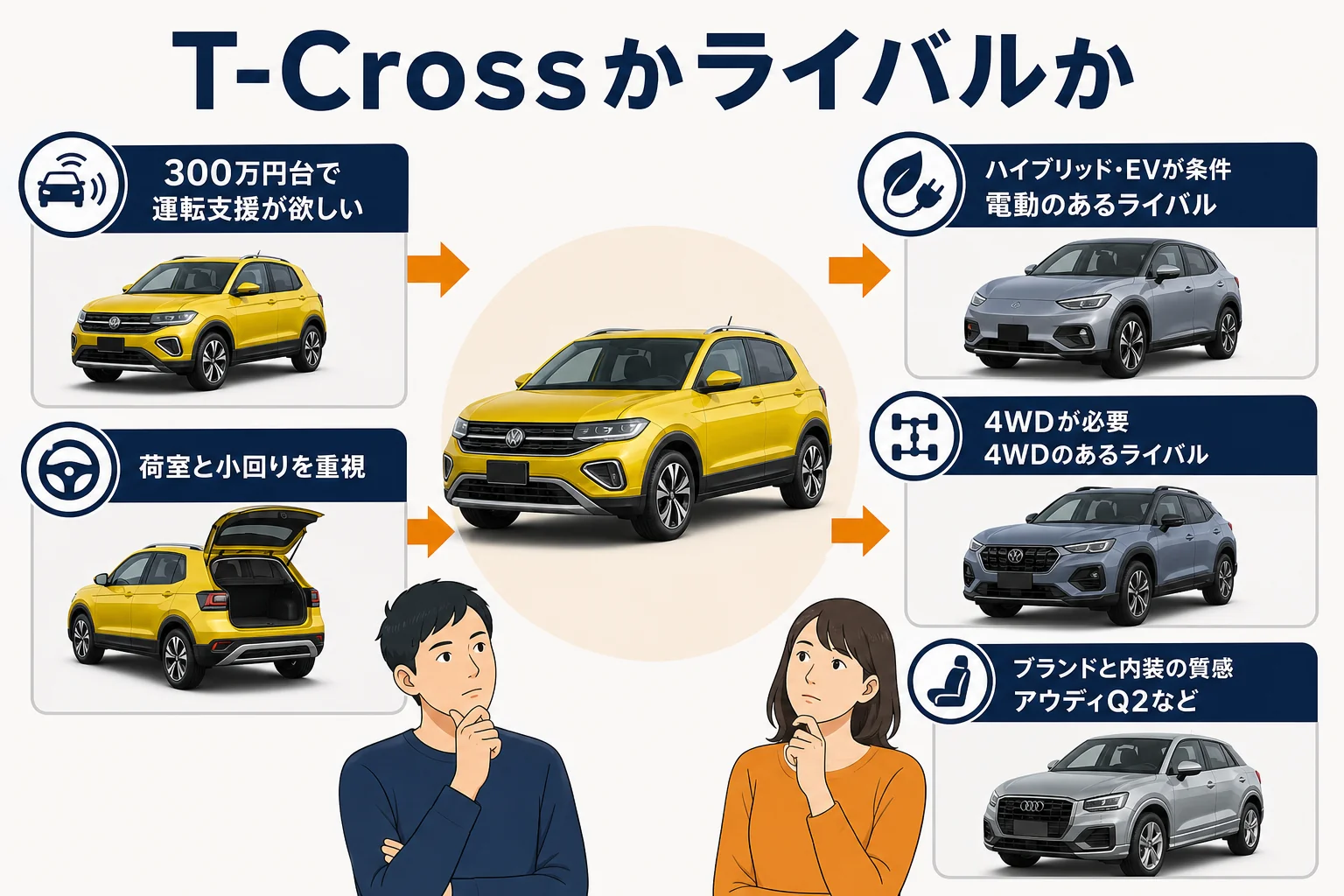 T-Crossとライバルの選び分けを示した図解