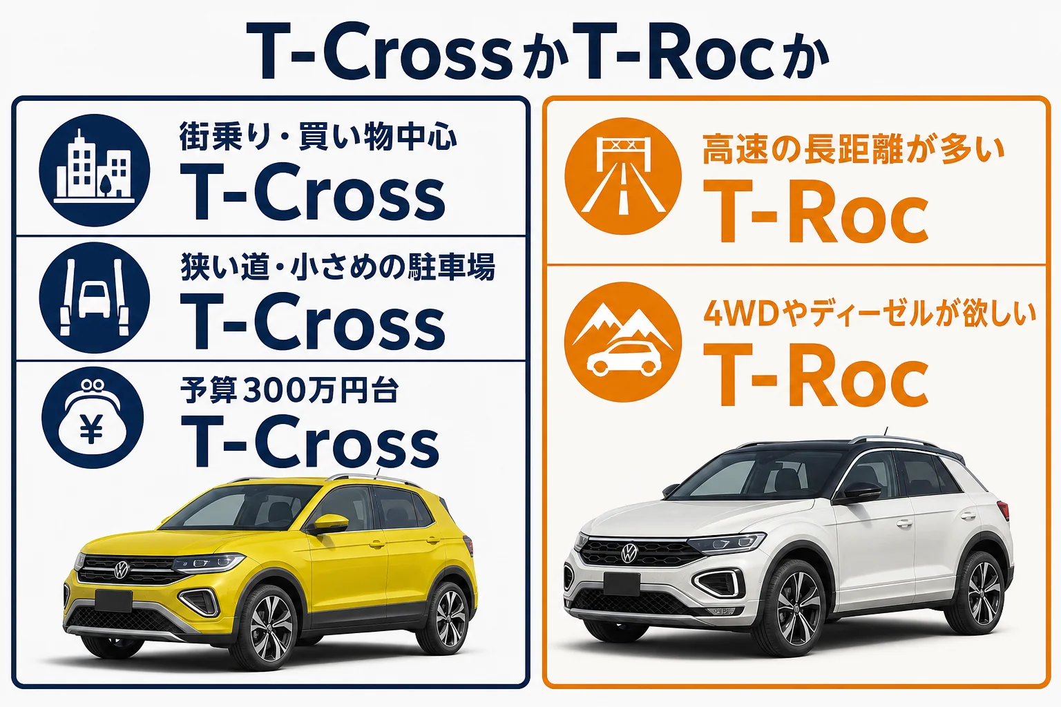 T-CrossとT-Rocのどちらが向くかを使い方別に示した図解