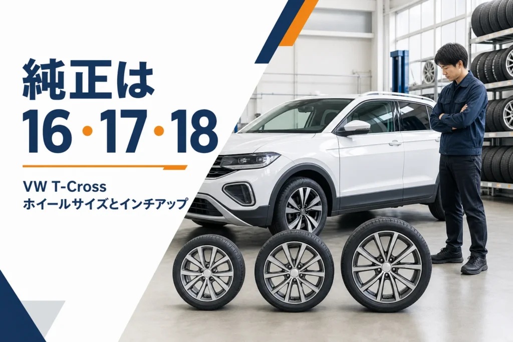 大きさの違う3本のアルミホイールとコンパクトSUV、T-Crossのホイールサイズを解説する記事のアイキャッチ